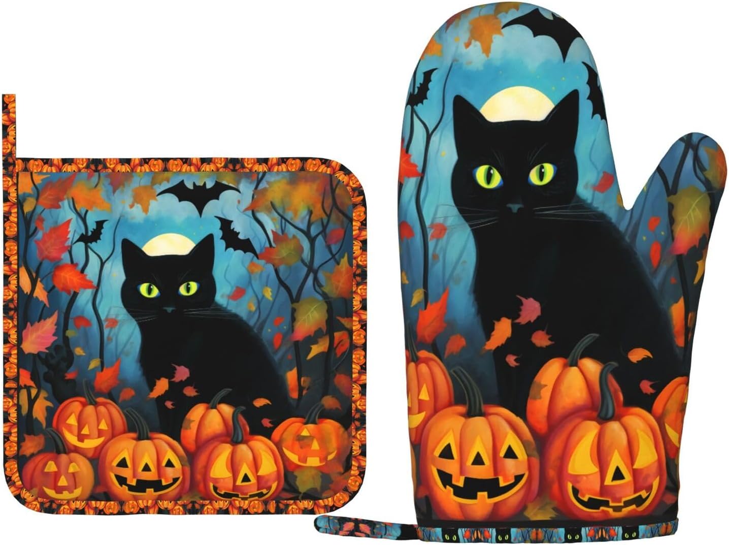 Black Cat Oven Mitts Pot Holders Set