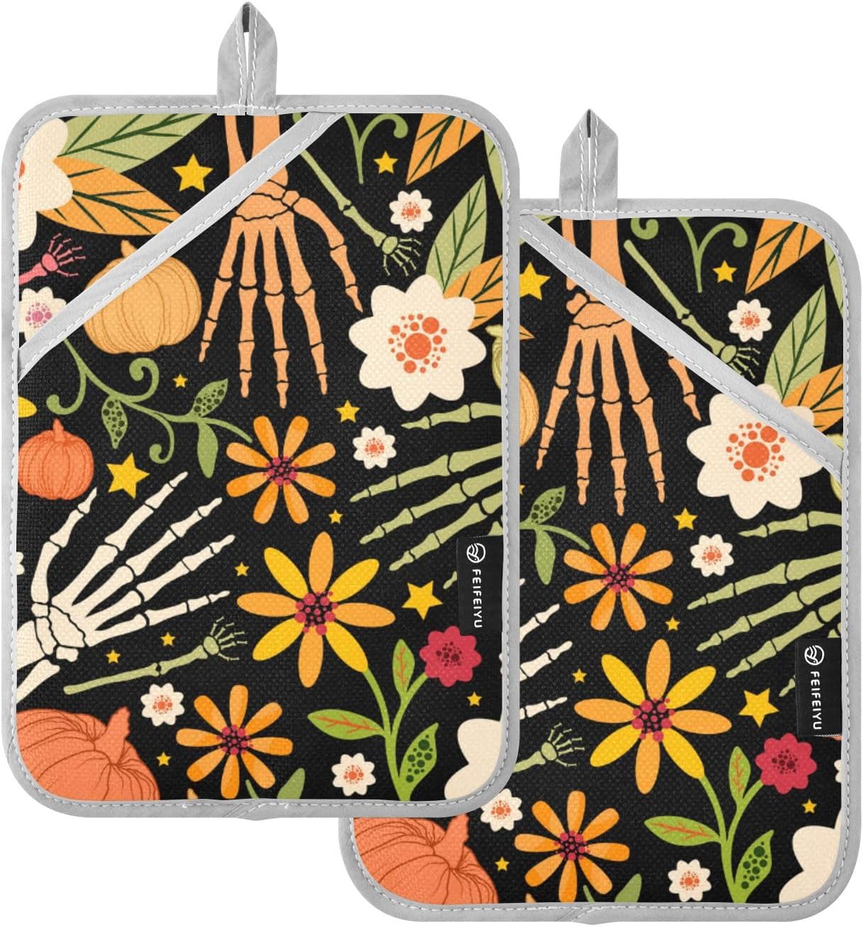 OurVii 2-Piece Halloween Seamless Pattern Bone and Floral Elements Potholders Set