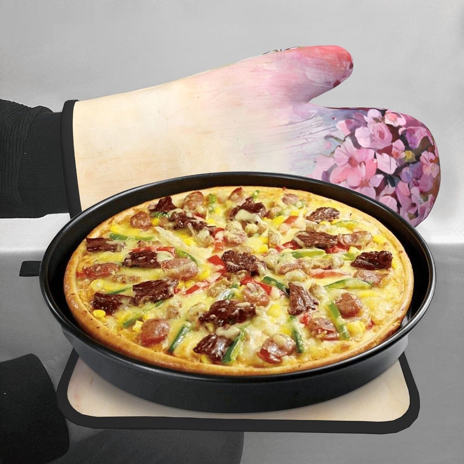 Elegant Oven Mitts Set Cherry-Printed Non-Slip Pots Pans