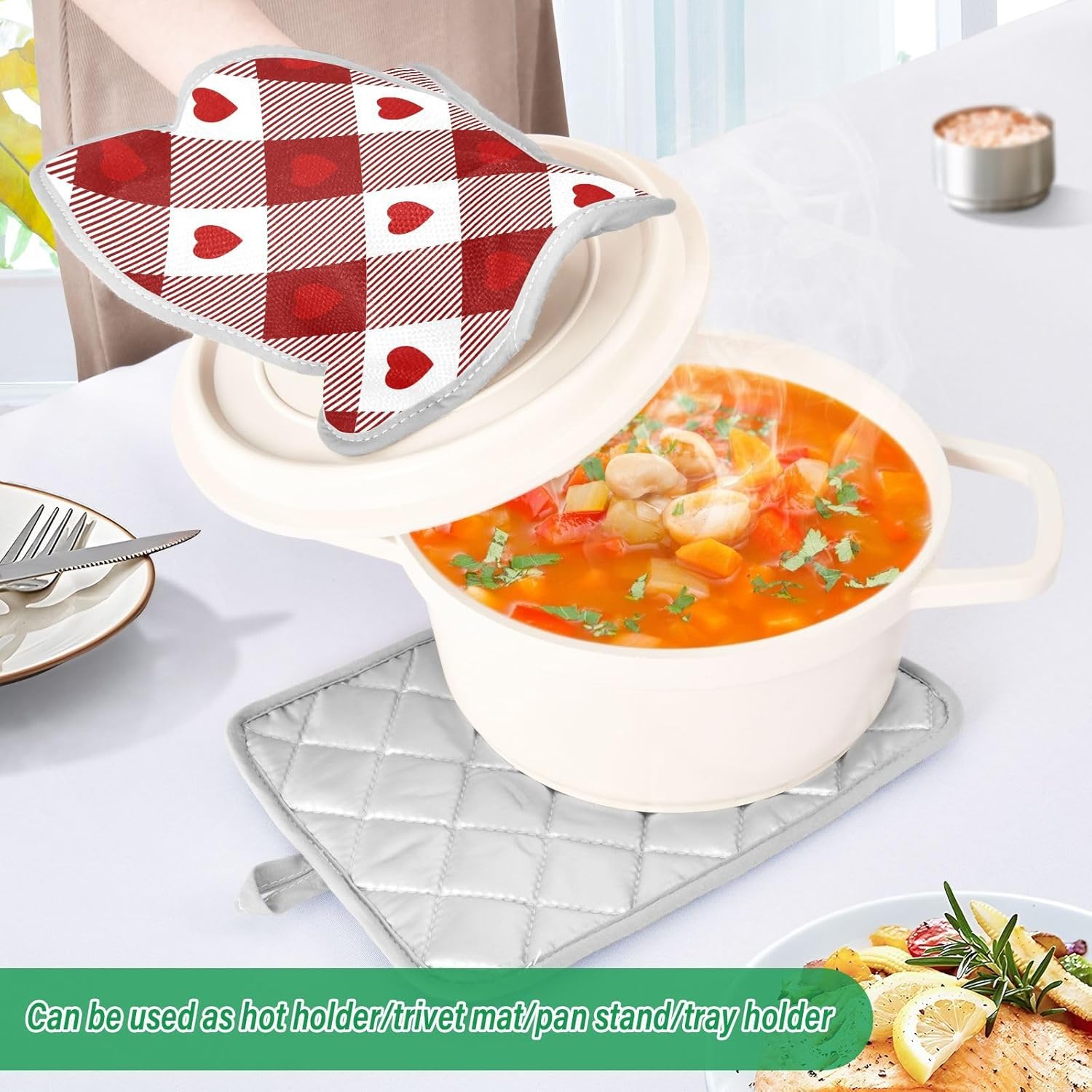 Heat-Resistant Heart Gingham Potholders Set Durable Oven Mitts for Baking