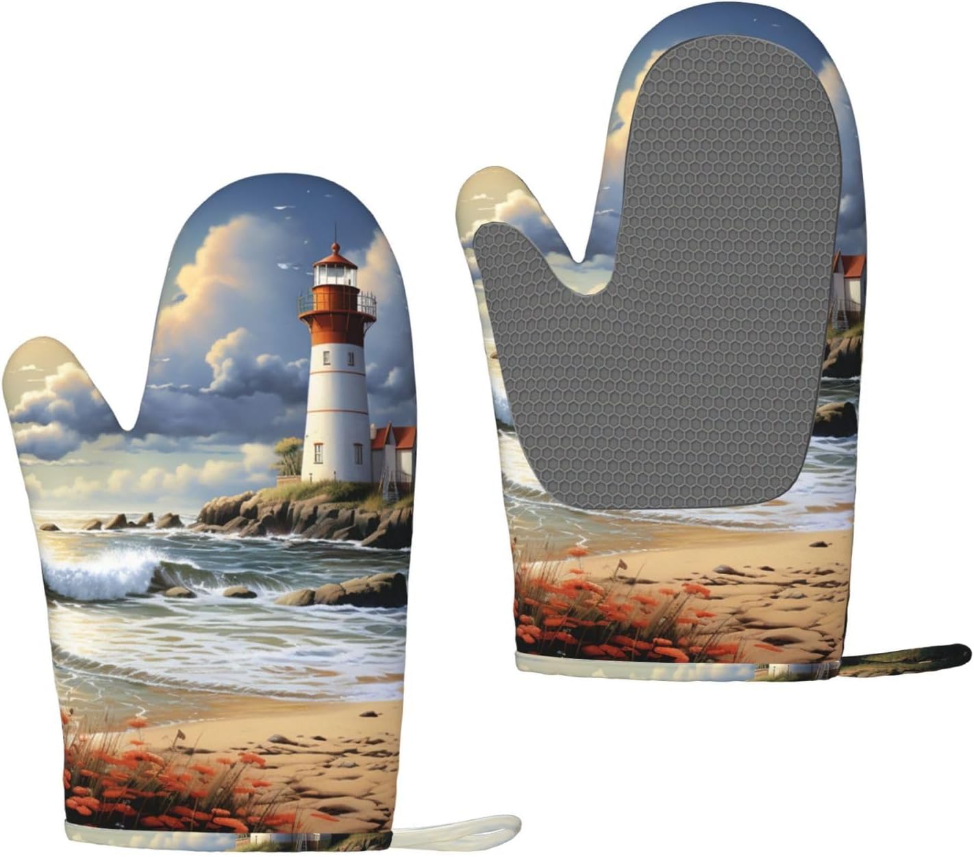 NONHAI Silicone Oven Mitts Set of 2 Sea Lighthouse Sandbeach