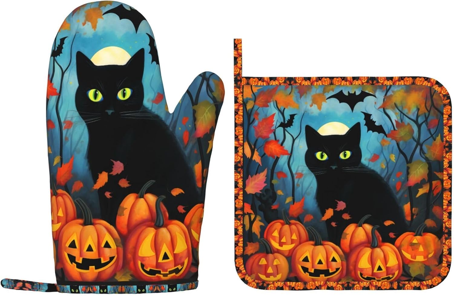 Black Cat Oven Mitts Pot Holders Set