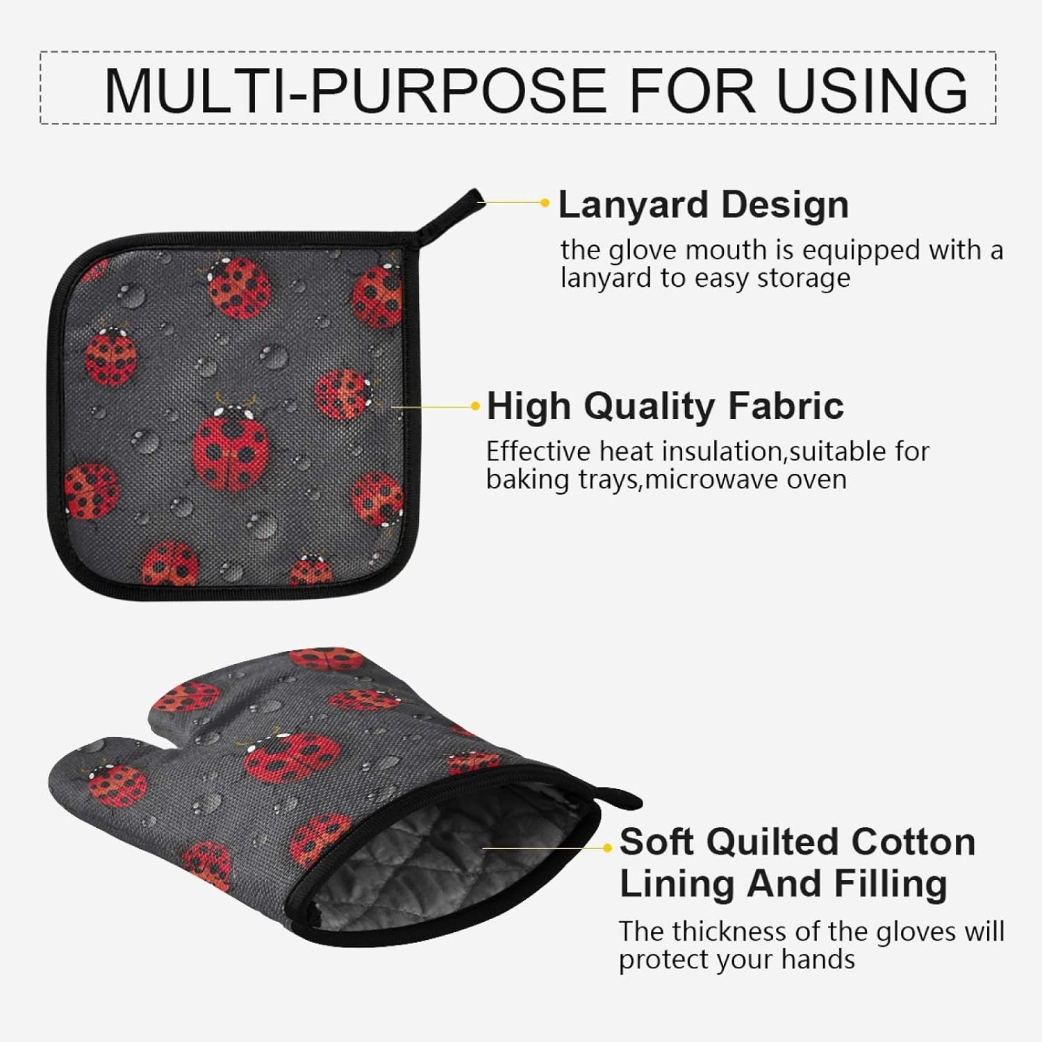AUUXVA Ladybug Water Drop Pattern Oven Mitt Set