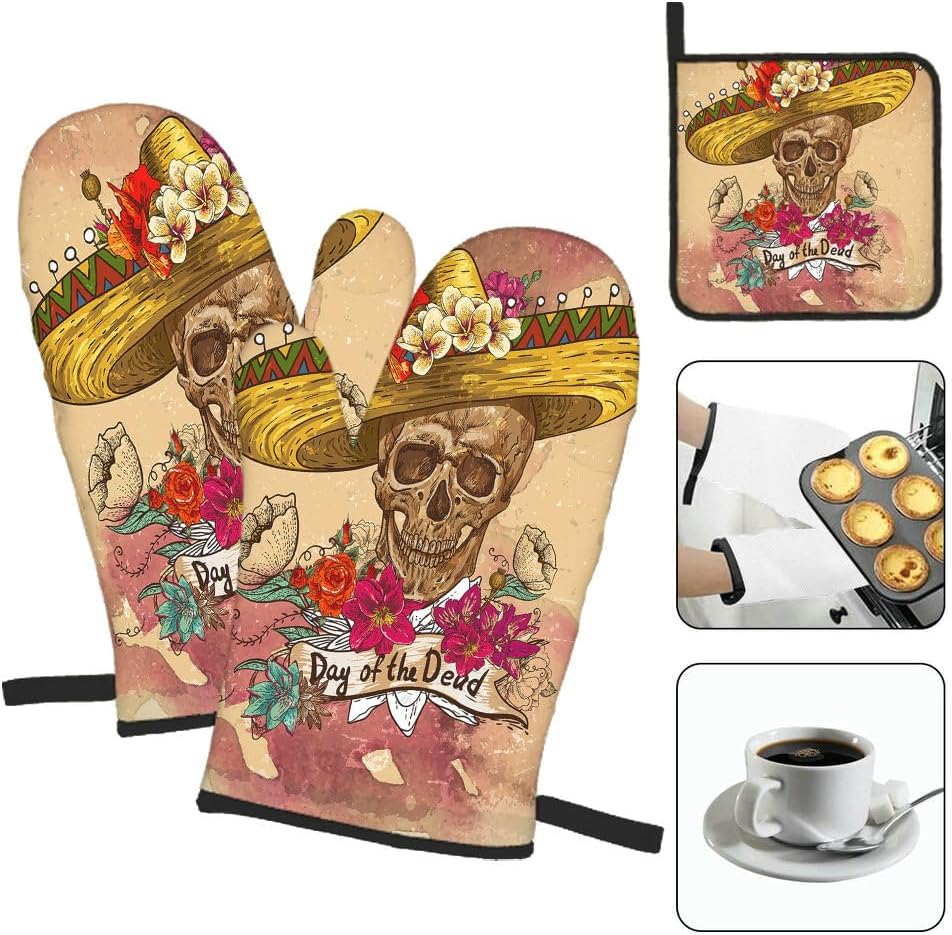 SSOIU Day of the Dead Halloween Oven Mitts Pot Holders Set