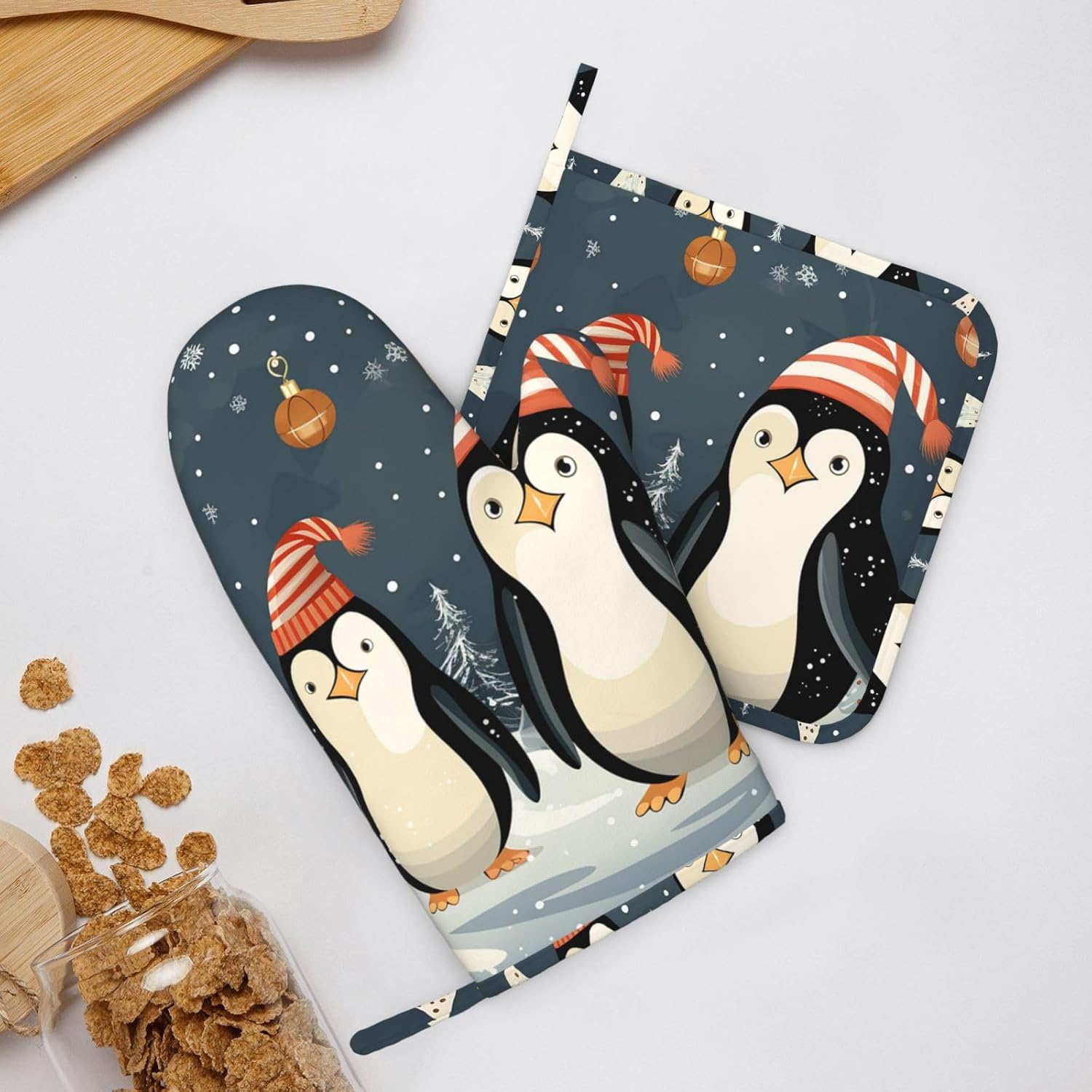 NonhailSilicone Oven Mitts and Potholders Set 500F Heat Resistance Christmas Gifts
