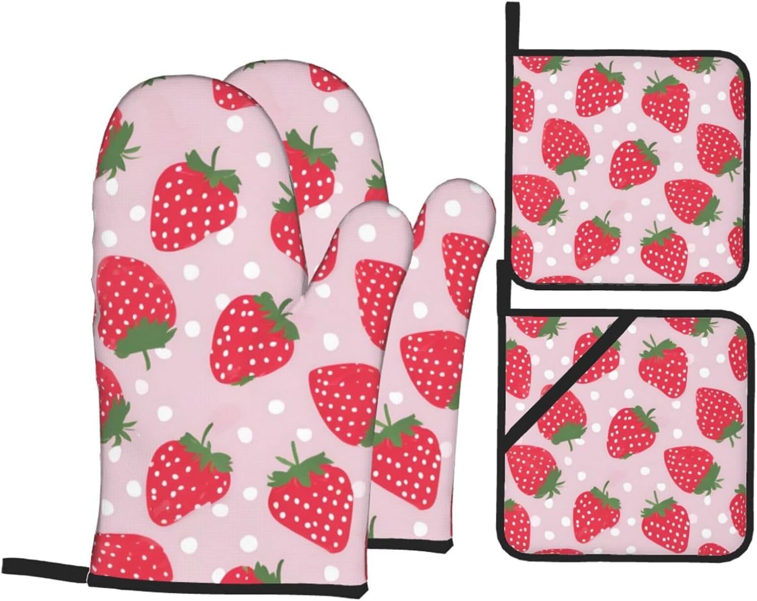 Strawberry-Printed Oven Mitts Pot Holders Set
