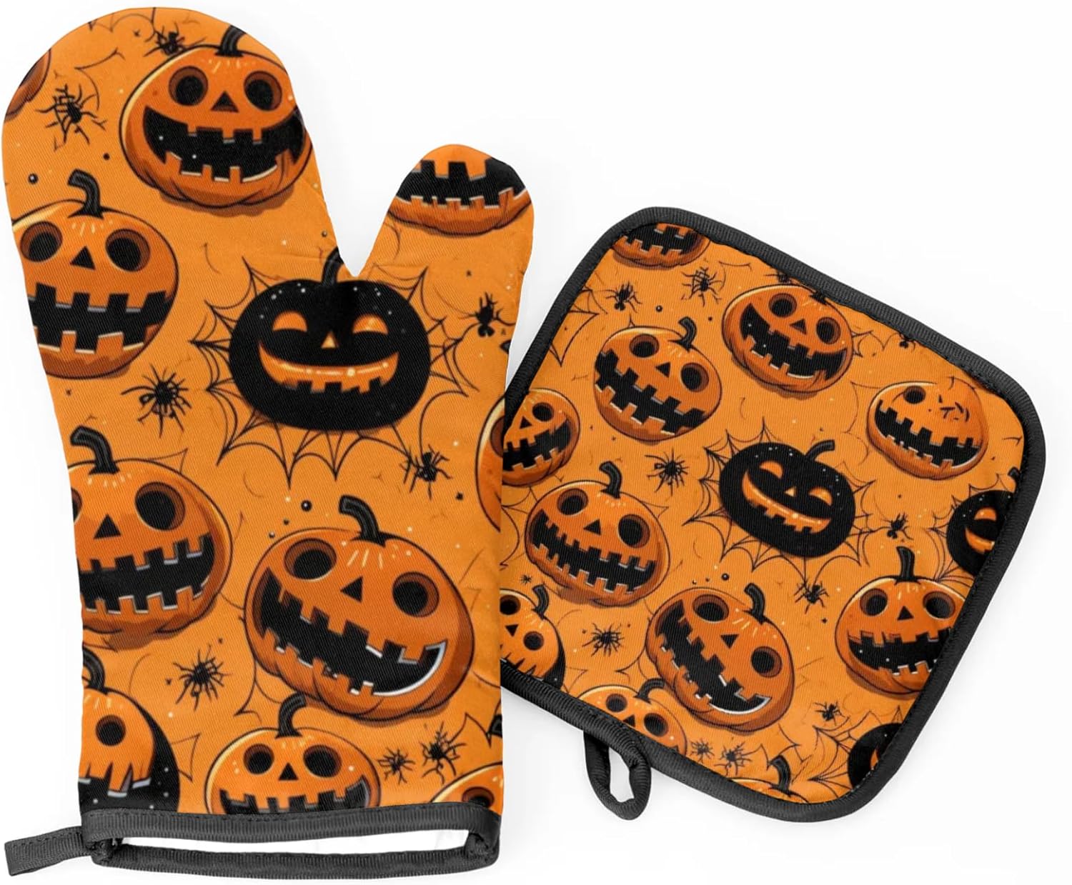 Halloween Spider Web Pumpkin Oven Mitts and Pot Holders Set
