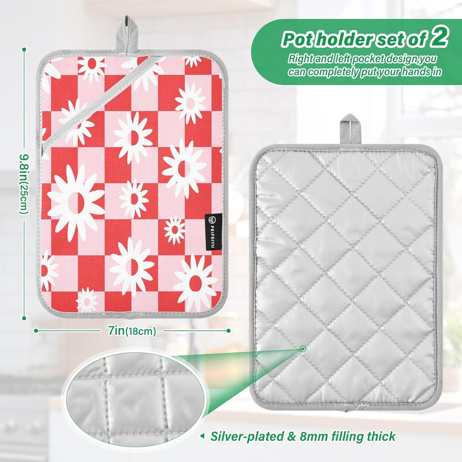 Durable Red and Pink Checked Heat Resistant Potholders