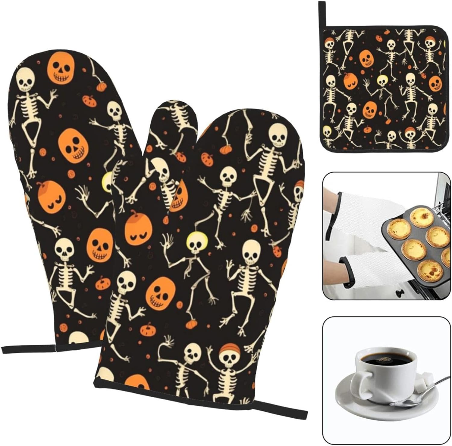 Funny Skull Halloween Oven Mitts Set - Heat-Resistant