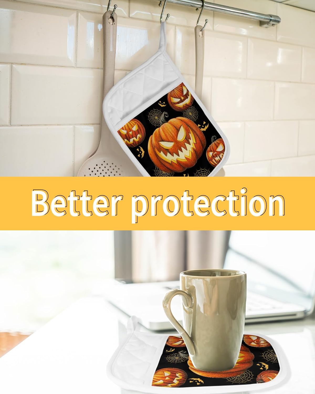 Gehucokee Halloween Pot Holder with Pocket Set - Blackand