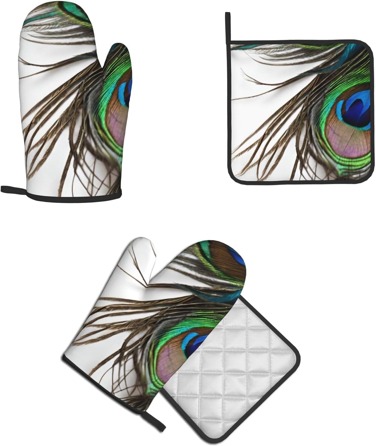 Peacock Feather Printed Oven Mitts and Potholders Set
