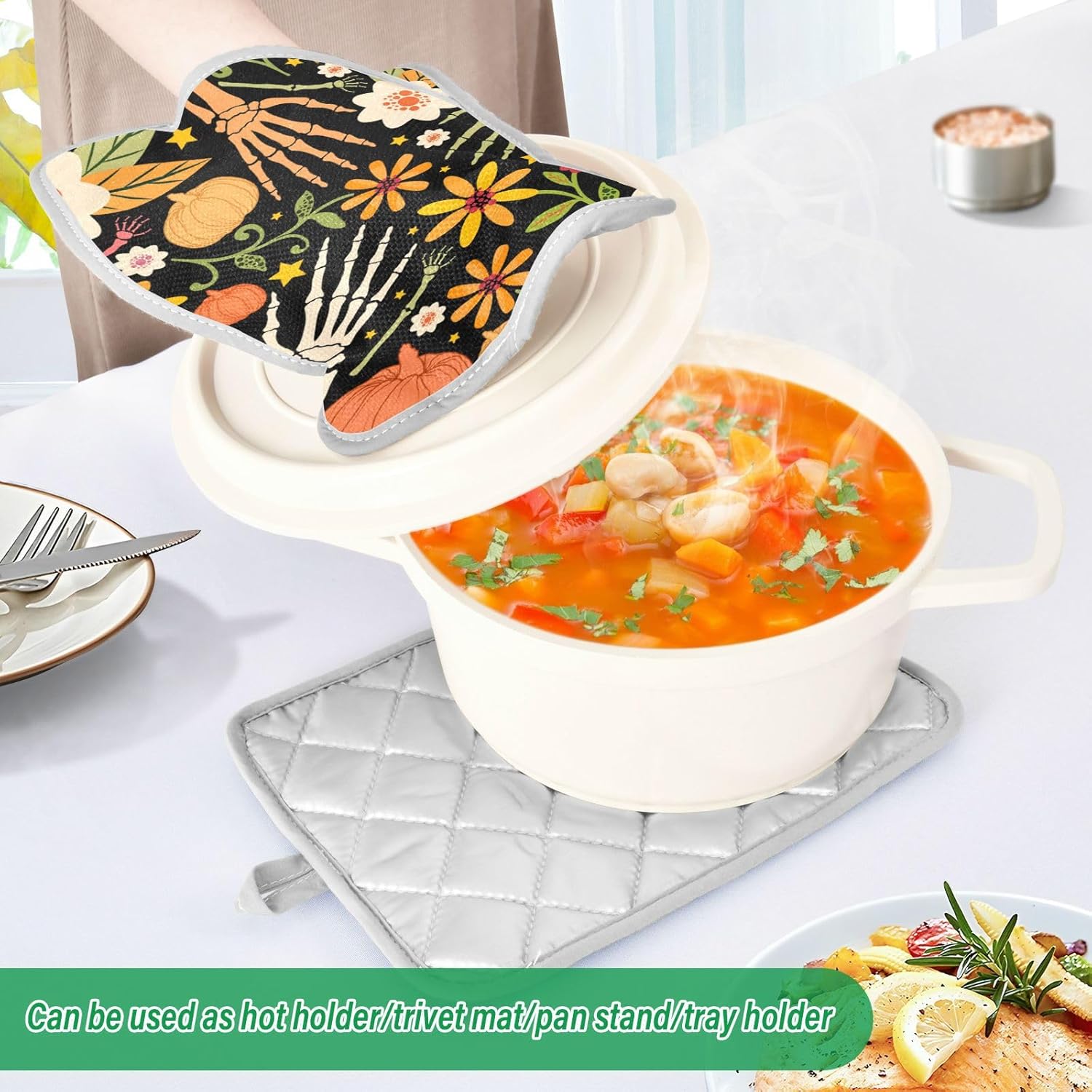 OurVii 2-Piece Halloween Seamless Pattern Bone and Floral Elements Potholders Set