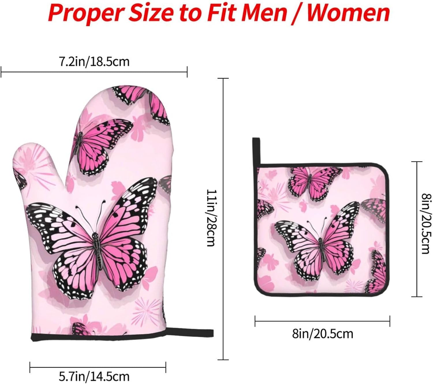 Edafol 3-Piece Oven Mitts and Potholders Set Heat-Resistant Pink Butterfly Design