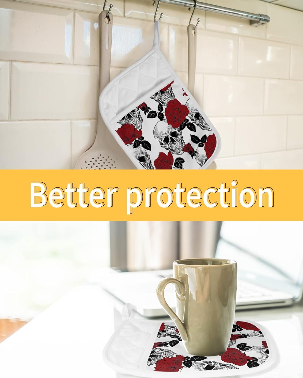 5-Piece Sugar Skull Potholders Heat-Resistant Halloween-Style with Hanging Loops