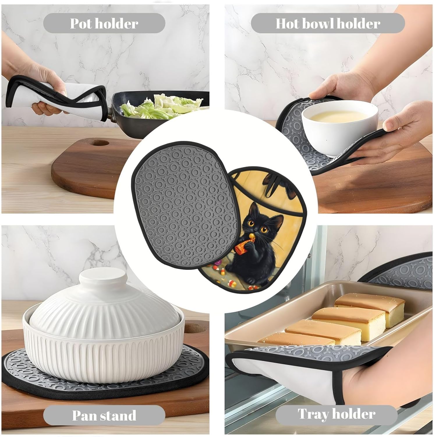Halloween Cute Black Cat Pot Holder Heat-Resistant Oven Mitt for Kitchen