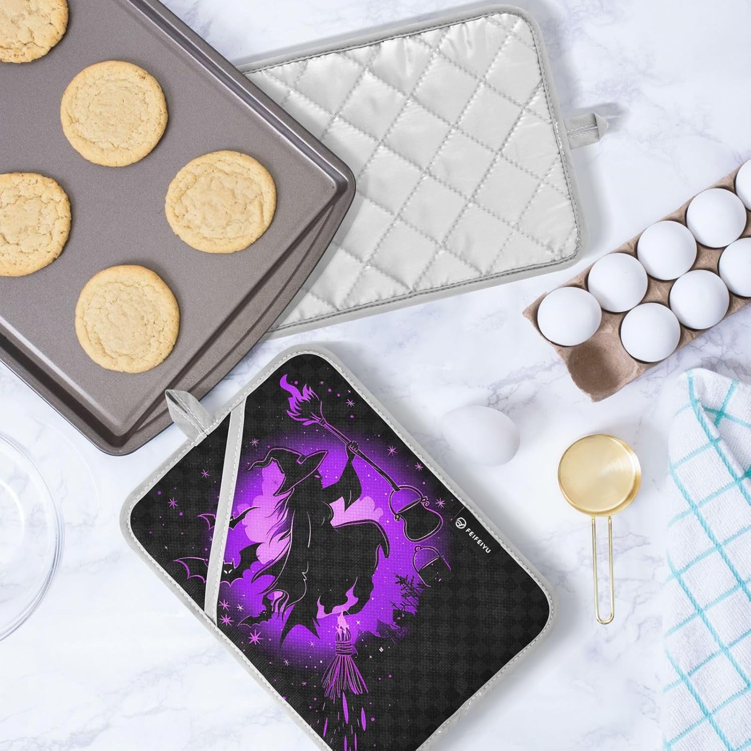 Halloween Purple Witch Bat Potholders 2 Piece Set