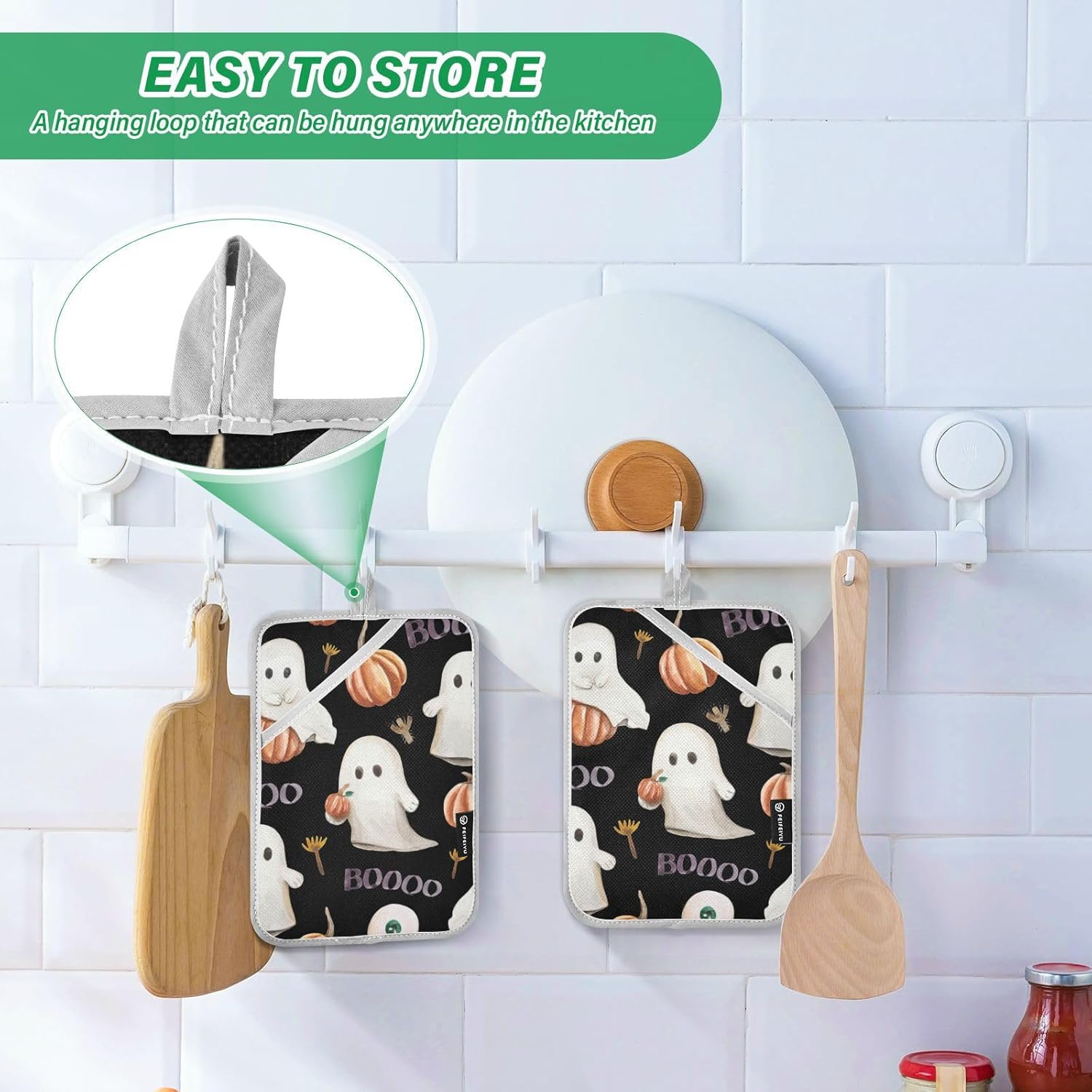 2Pcs Cute Halloween Pot Holder Set with Pockets and Non-Slip Design