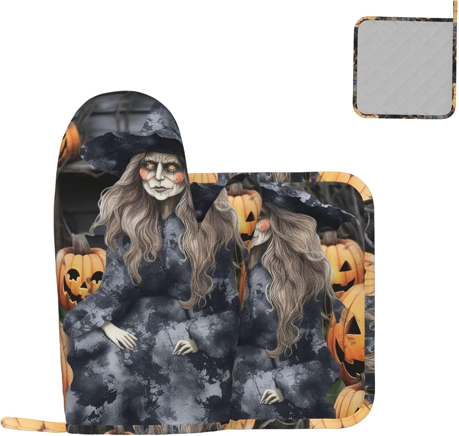 Pair of Funny Halloween Oven Mitts and Pot Holders Set