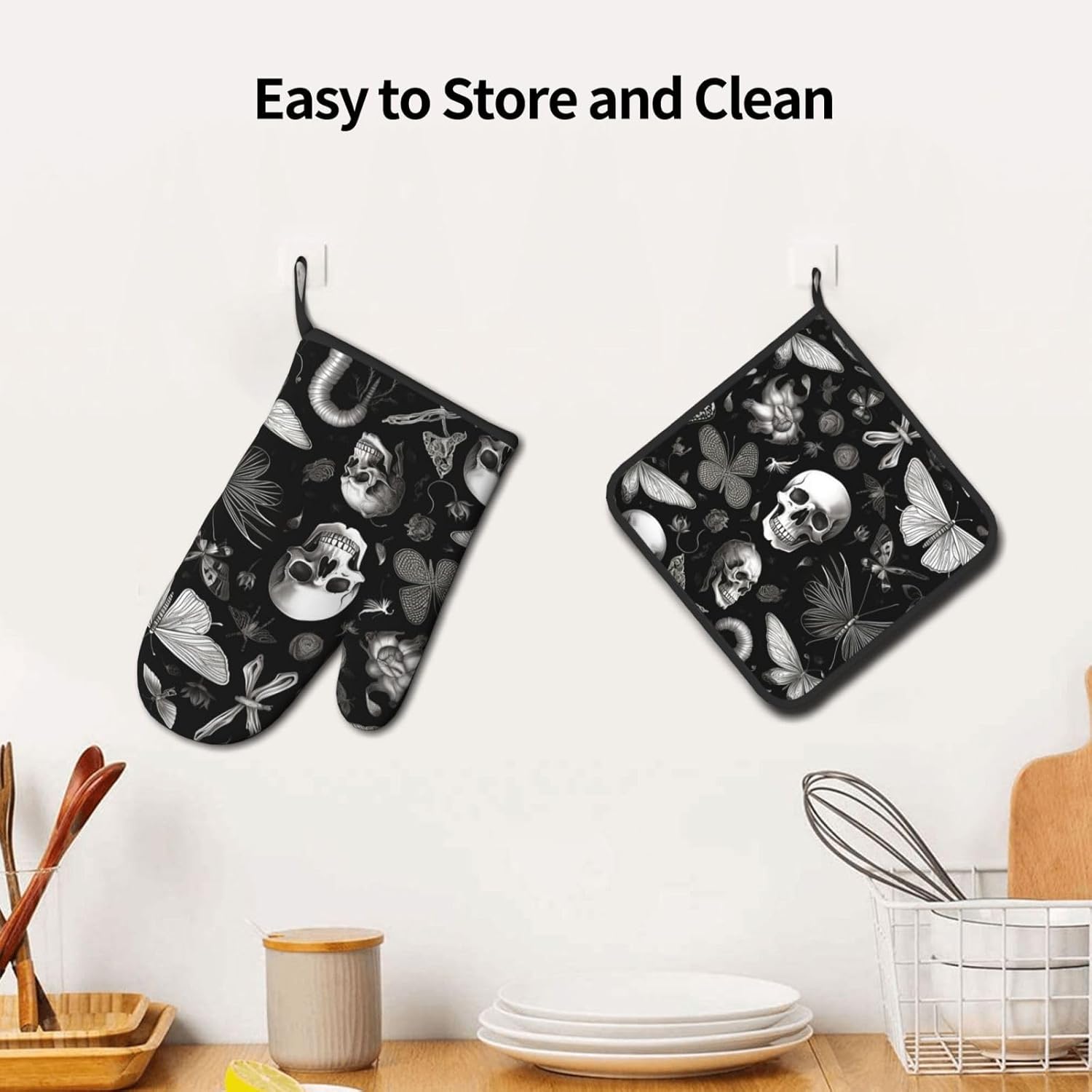 Halloween Black Butterfly Goth Skull Oven Mitts