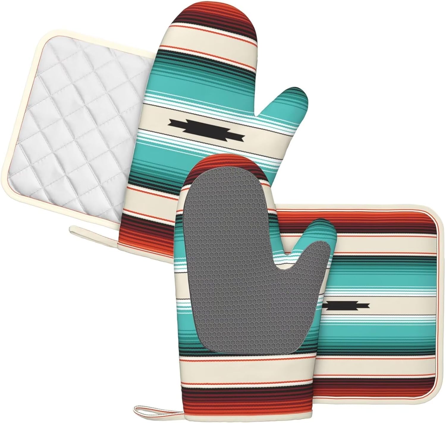 Bold Mexican Serape Turquoise Silicone Oven Mitts Potholders Set