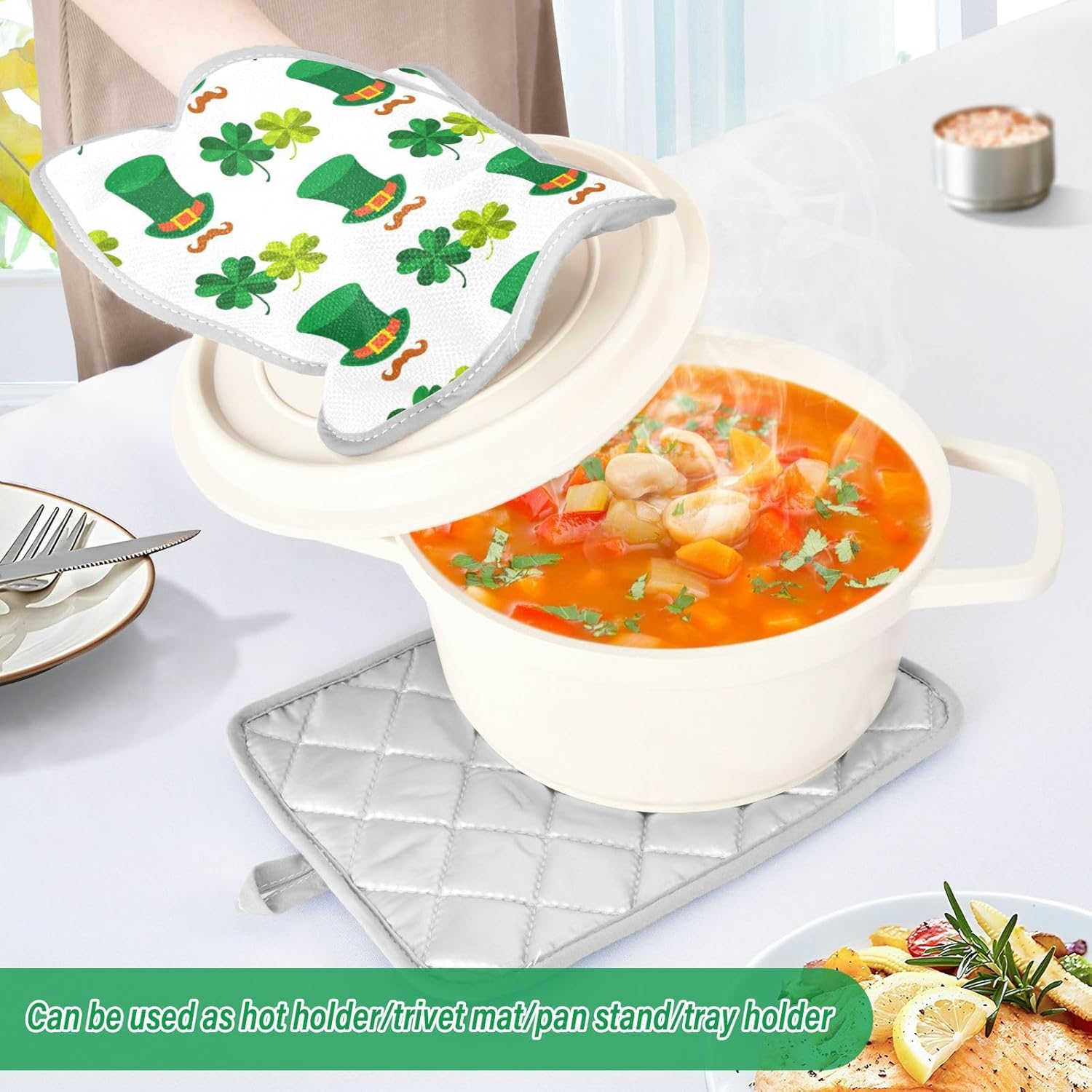 Kcldeci 2Pack Green Hat Four Leaf Clover Heat Resistant Potholders
