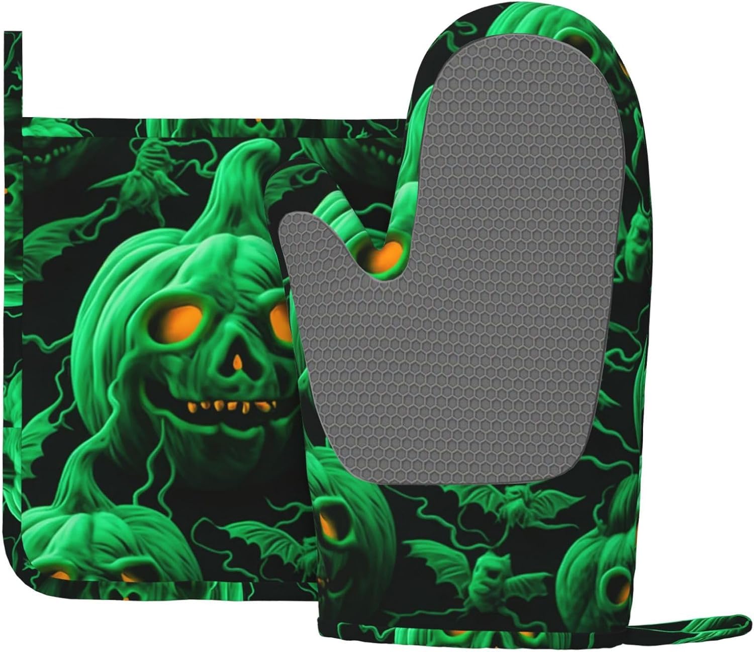 2-Piece Heat-Resistant Oven Mitts Pot Holders Set Non-Slip Halloween-Theme