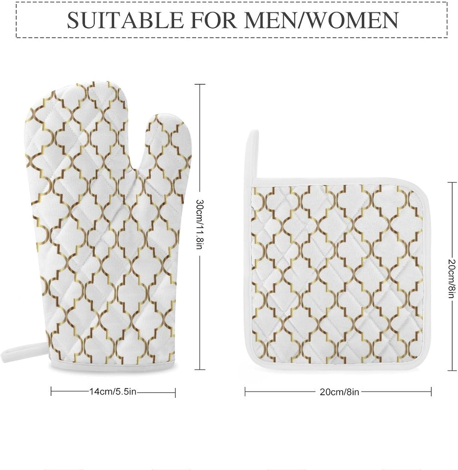 Curdesi Oven Mitts Set Heat Resistant 4PCS with Gold and White Quatrefoil Design