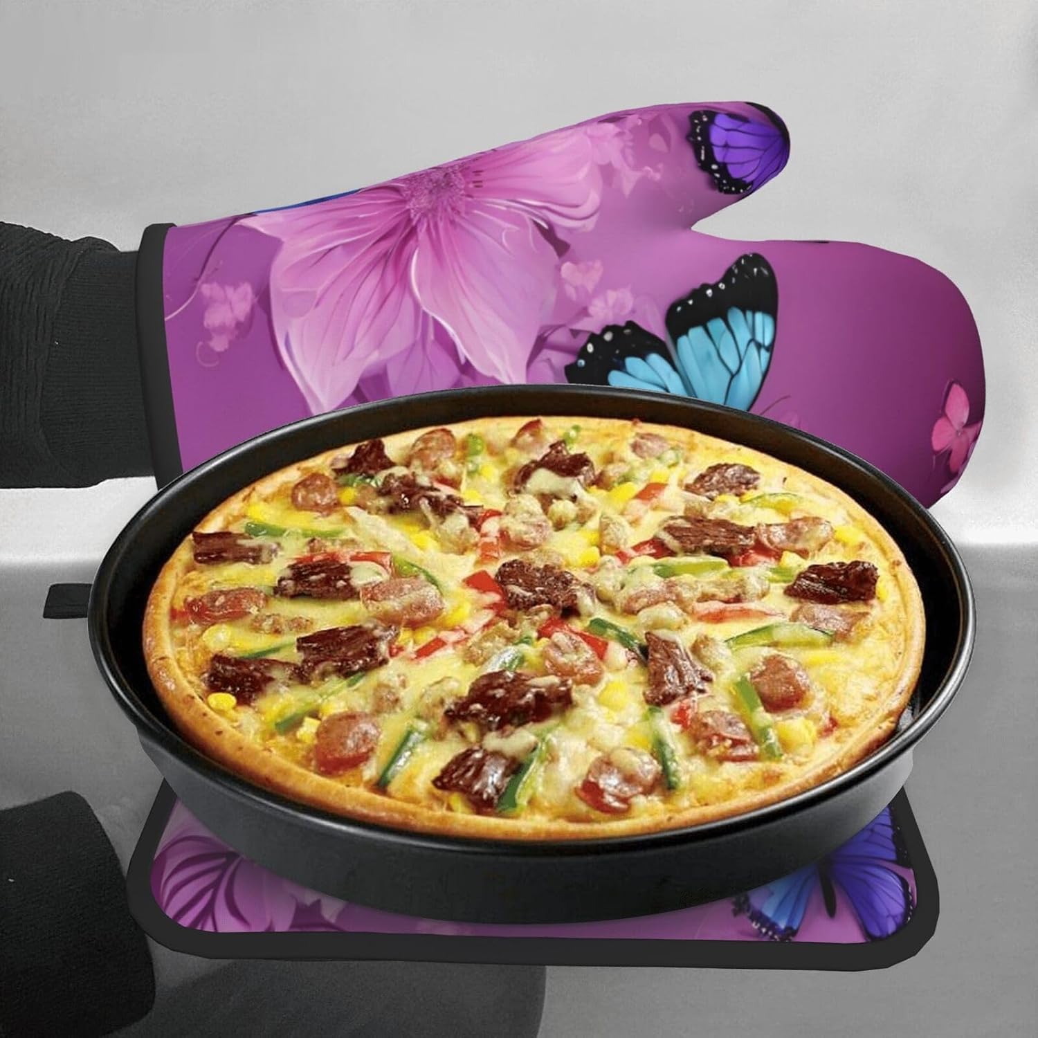 Quopvn Purple Butterflies Oven Mitts Pot Holders Non-Slip Kitchen Glove Set