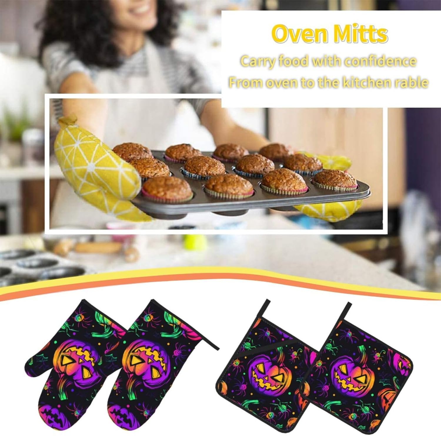 Halloween-Themed 4-Piece Oven Mitts Pot Holders Set for Baking Cooking