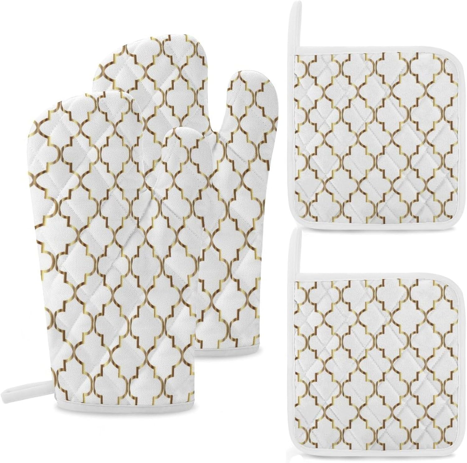 Curdesi Oven Mitts Set Heat Resistant 4PCS with Gold and White Quatrefoil Design