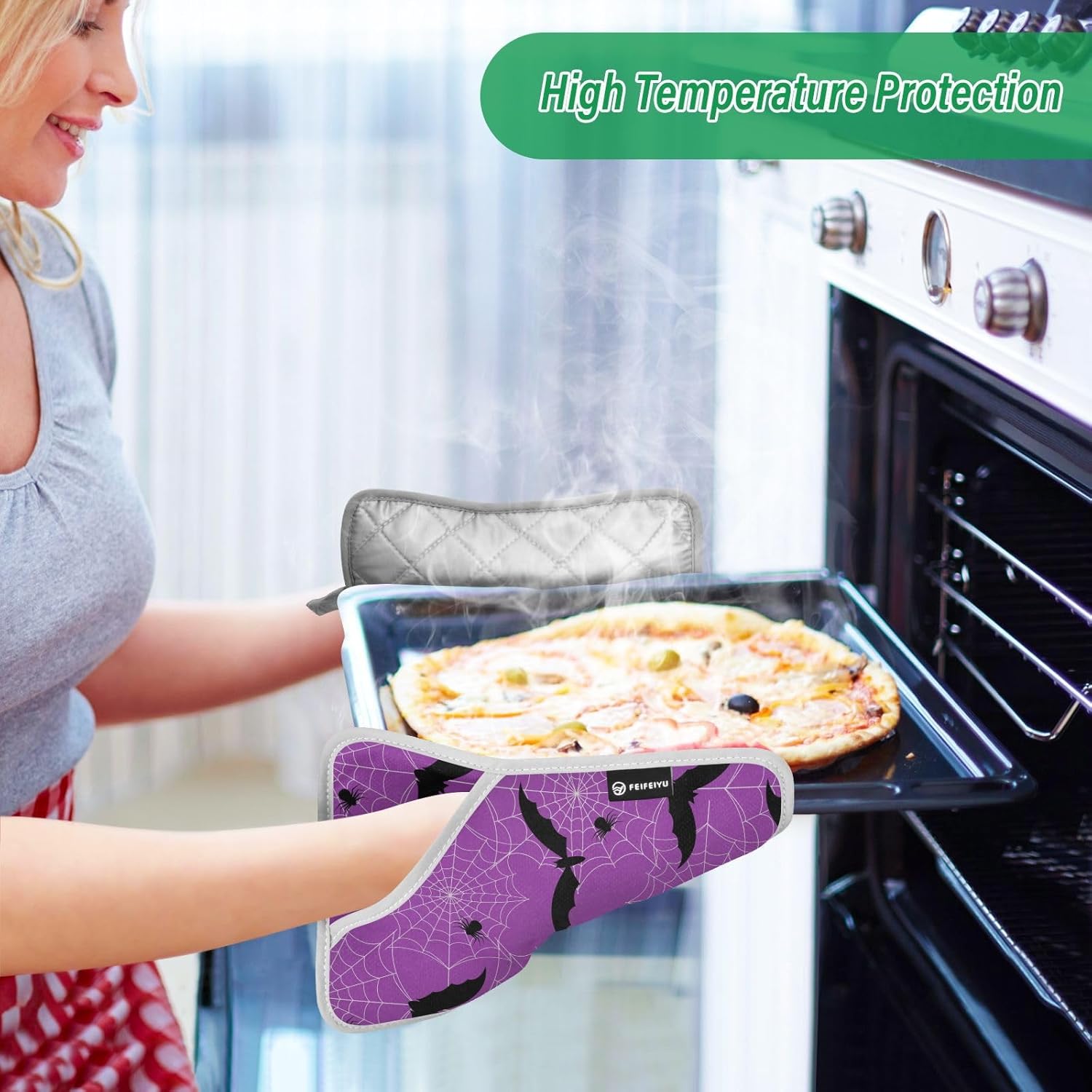 Black Bat Potholders with Pockets Non-Slip Mitts 2 Pack