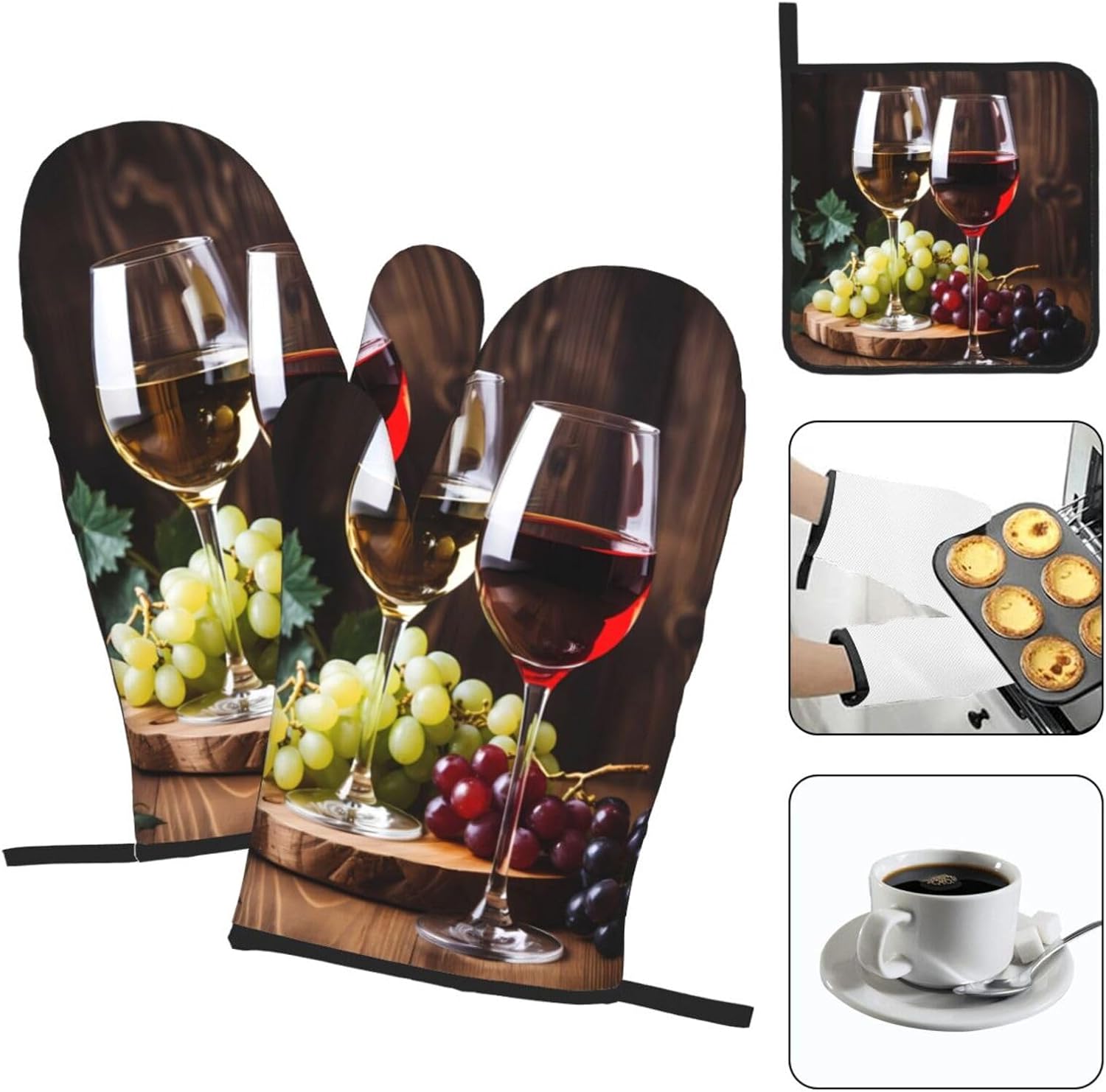 Set of 3 Red Wine Glass Oven Mitts and Pot Holders