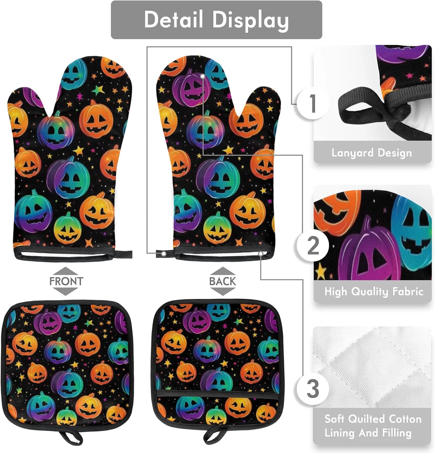 Halloween Oven Mitts Pot Holders Set - Pumpkins with Safety