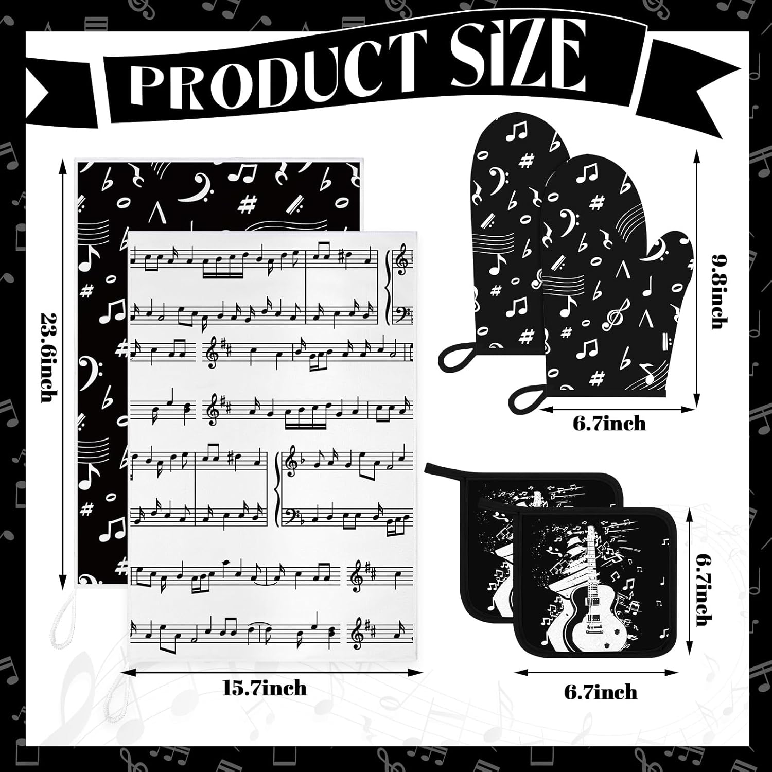 Comfortable Oven Mitts Pot Holders Set with Music Note Patterns