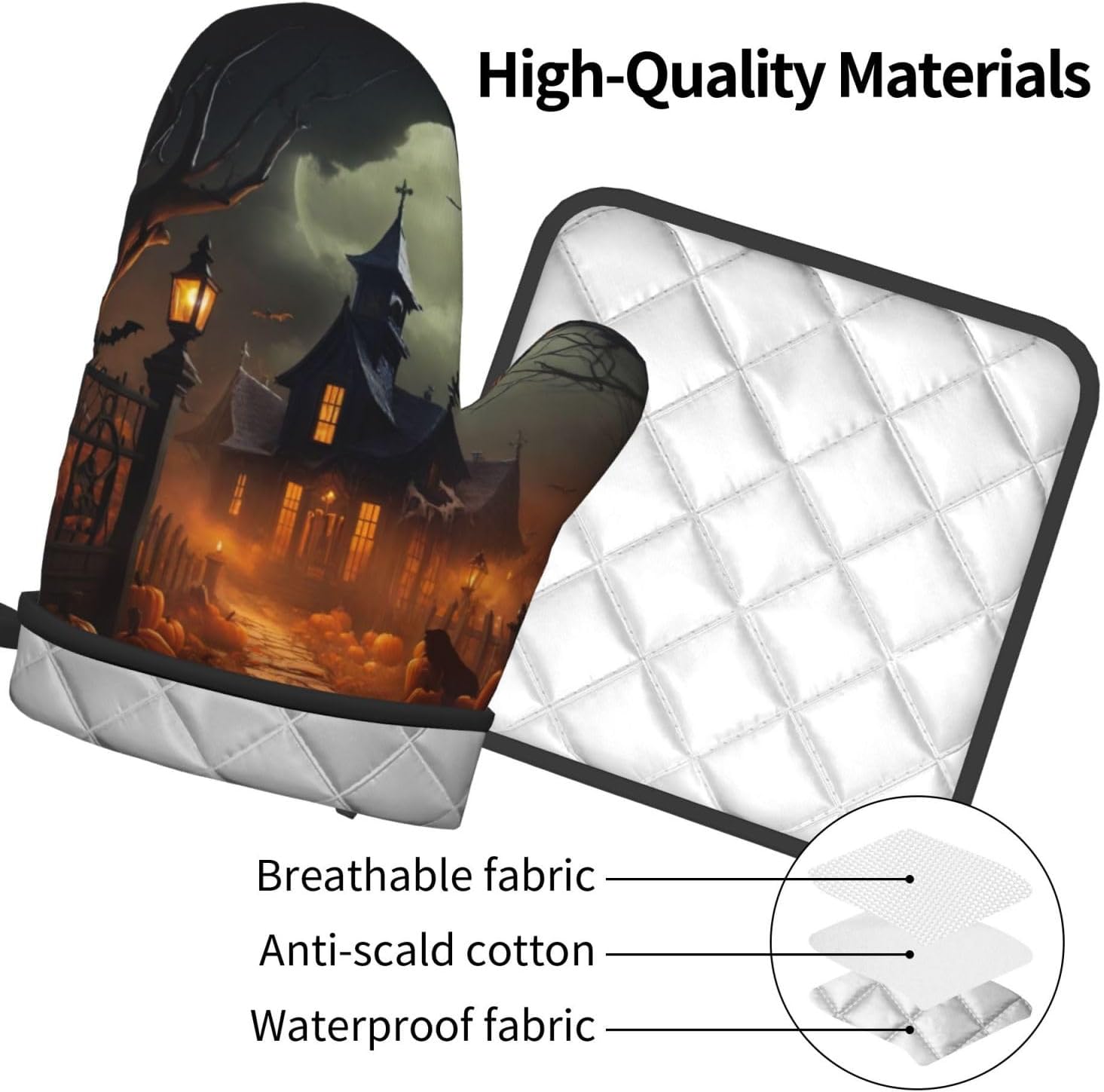 Scary Halloween Oven Mitts Pot Holders Set - Heat-Resistant Cooking Gloves Baking Pots