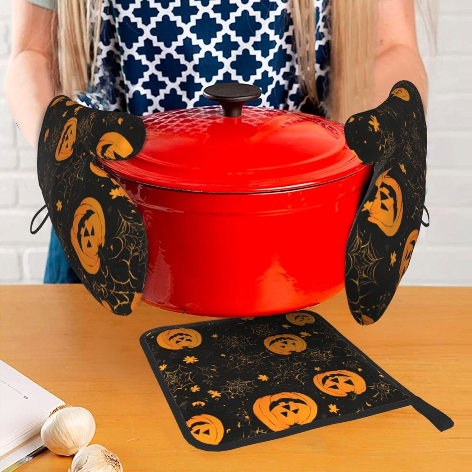 Halloween Pumpkin Print Oven Mitts Set of 3 Black