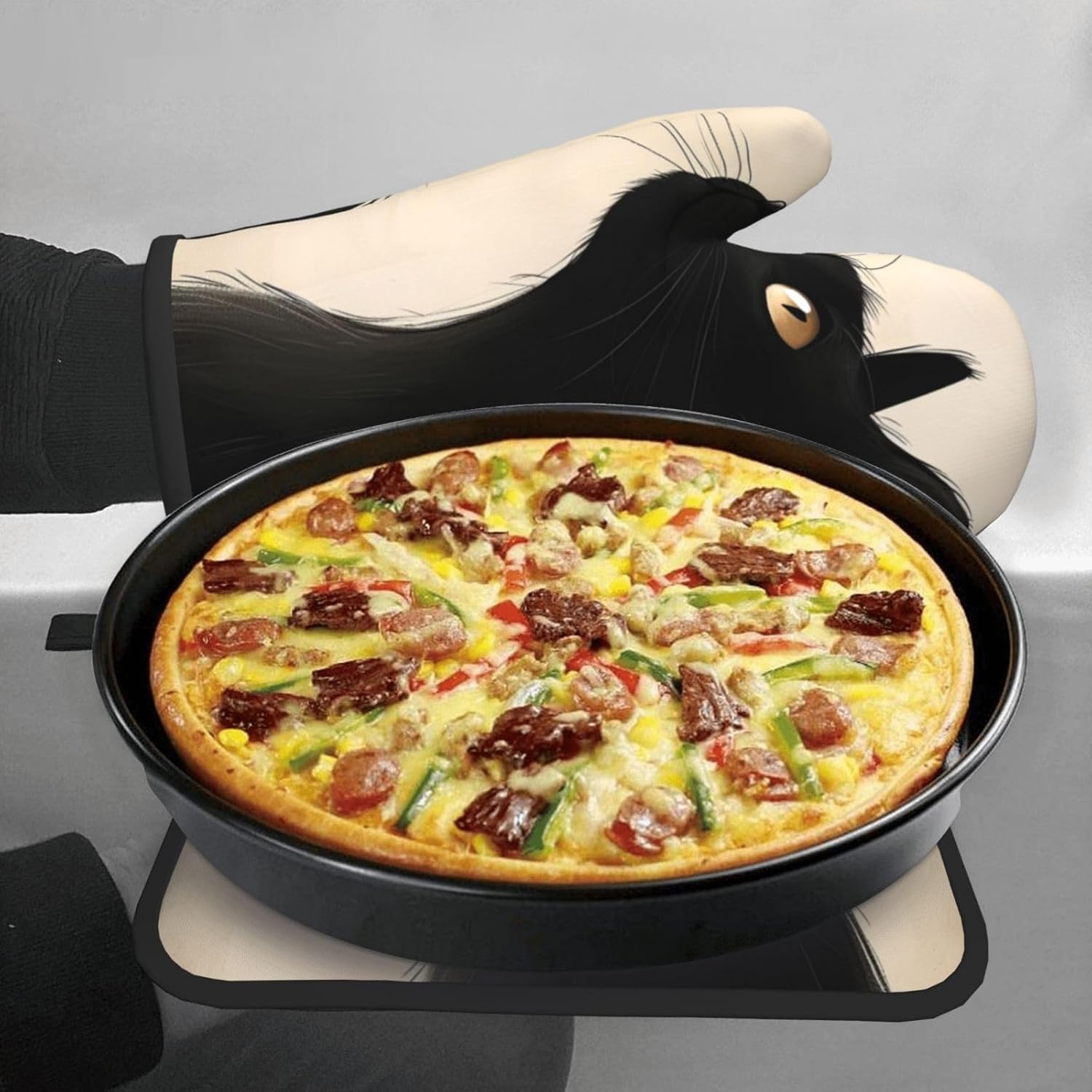 Halloween Black Cat Oven Mitts and Pot Holders Set