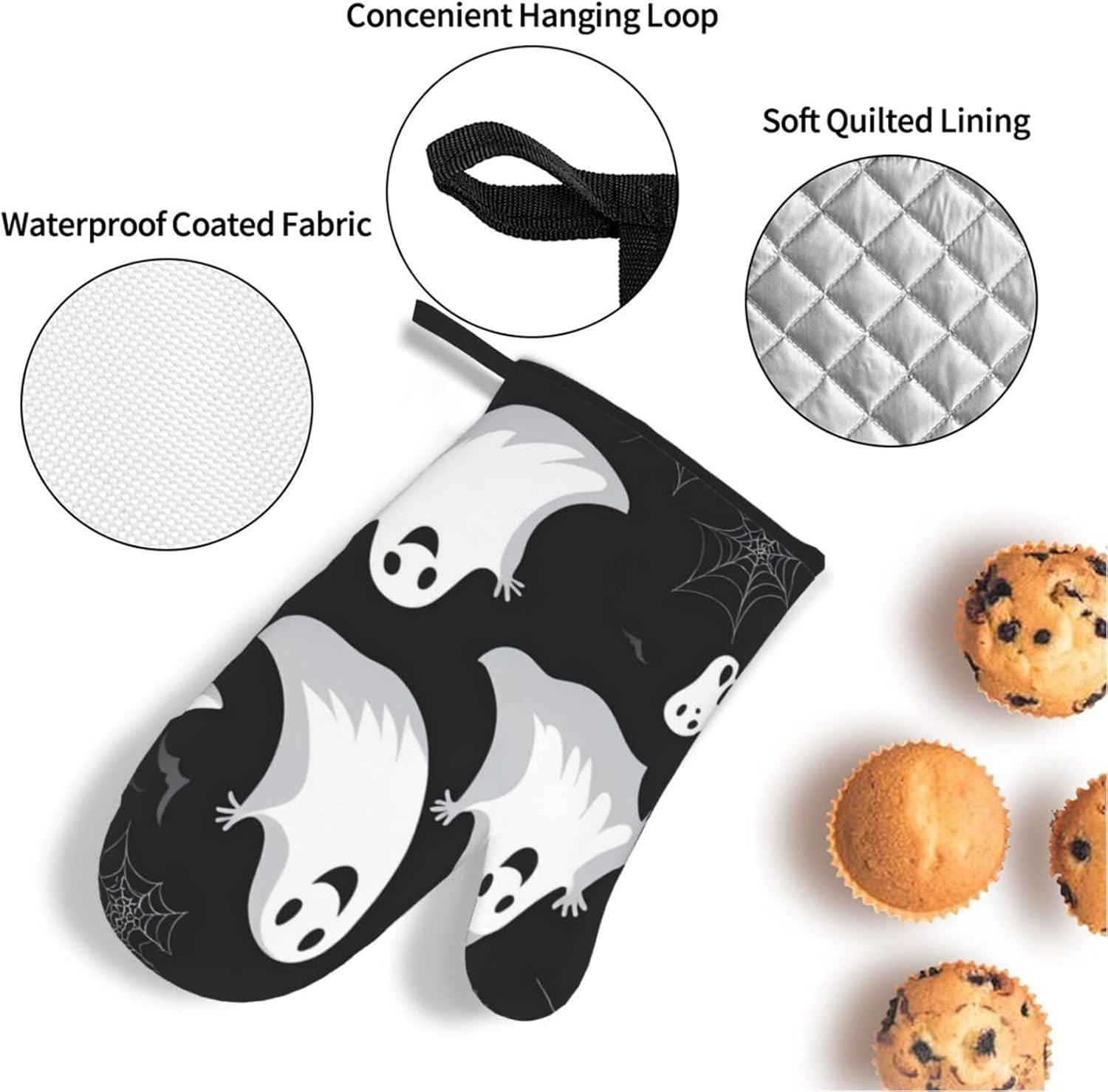 Oven Mitts Set of 4 with Heat-Resistant Black and Halloween Ghost Prints