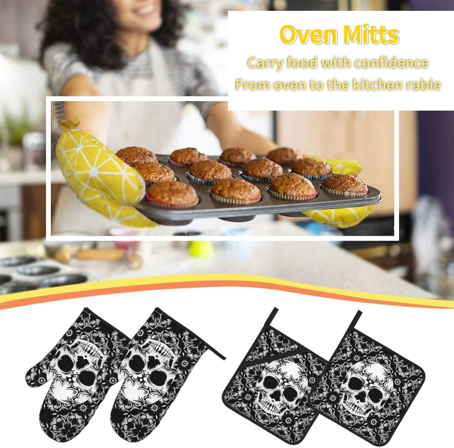Gothic Skull Halloween Oven Mitts Set of 4 1