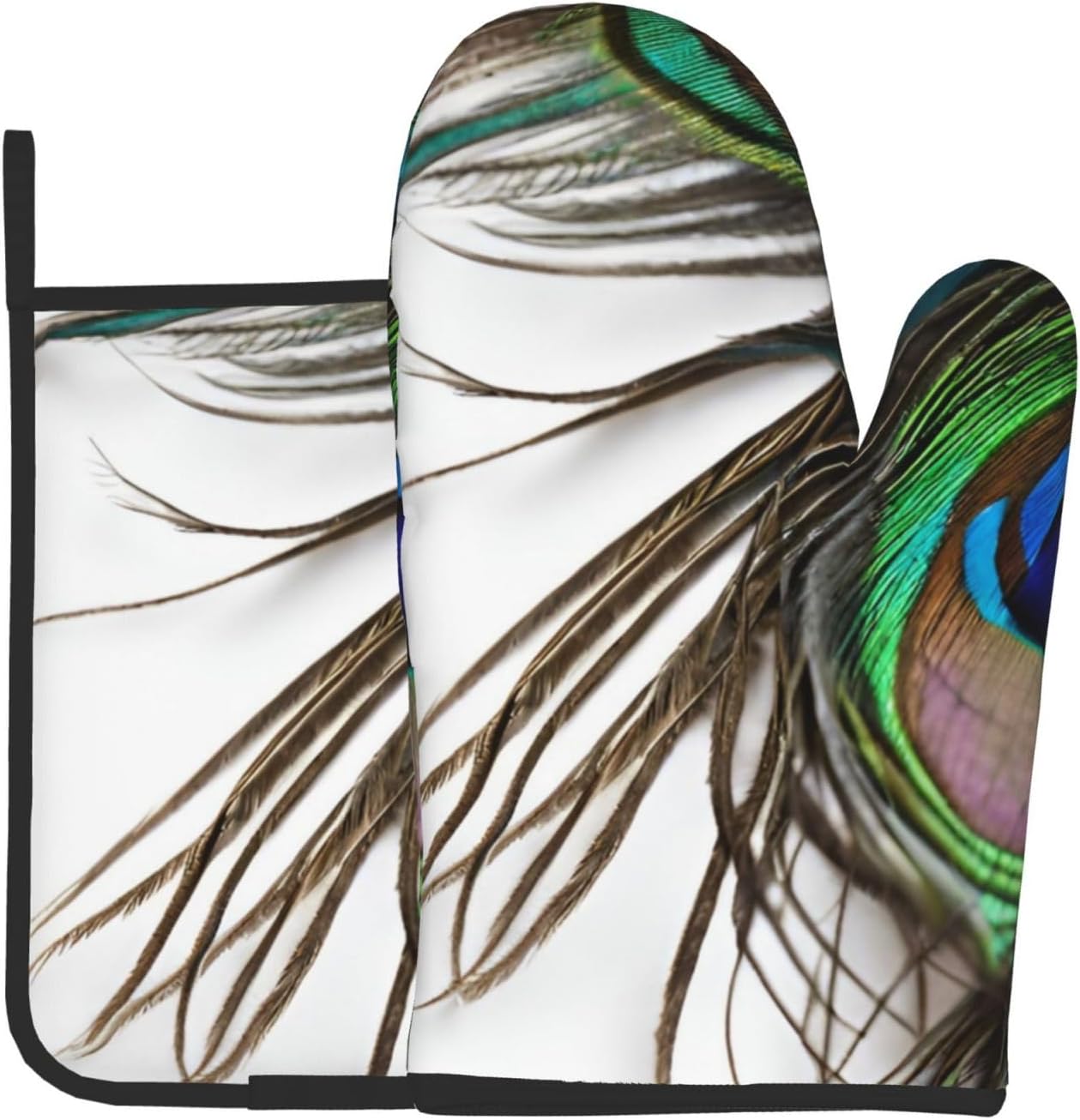 Peacock Feather Printed Oven Mitts and Potholders Set