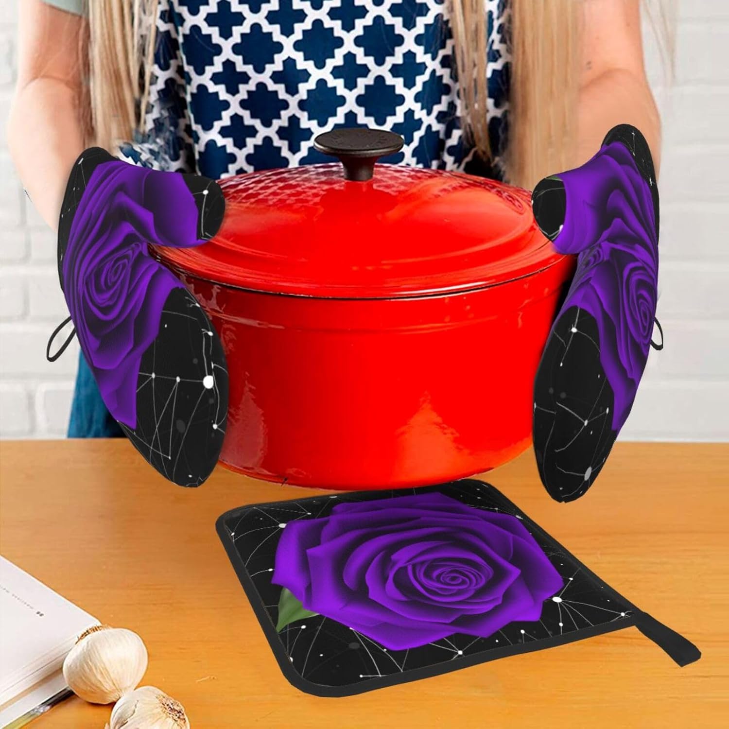 Oven Mitts Pot Holder Set of 3 Purple Rose Design