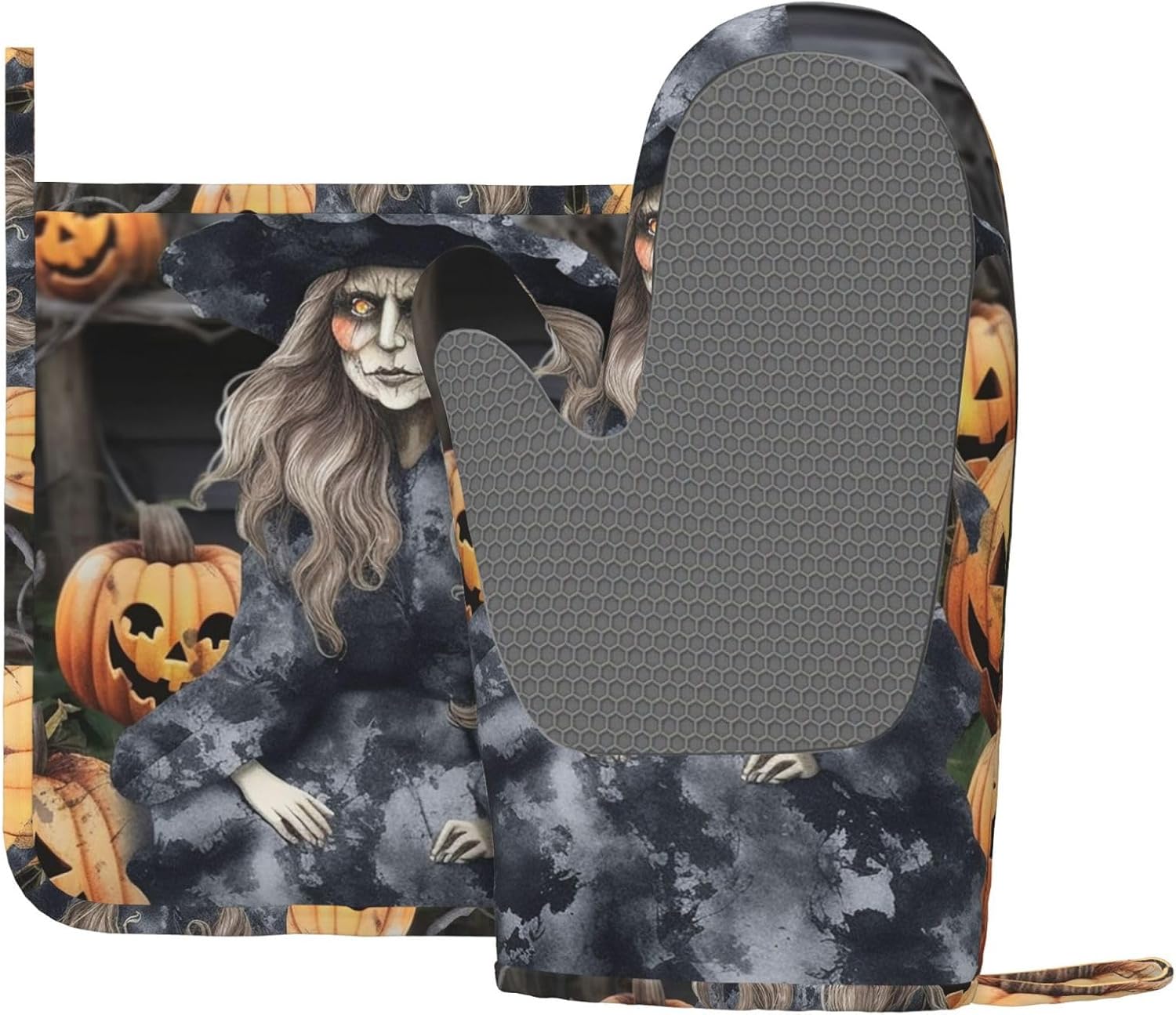 Pair of Funny Halloween Oven Mitts and Pot Holders Set