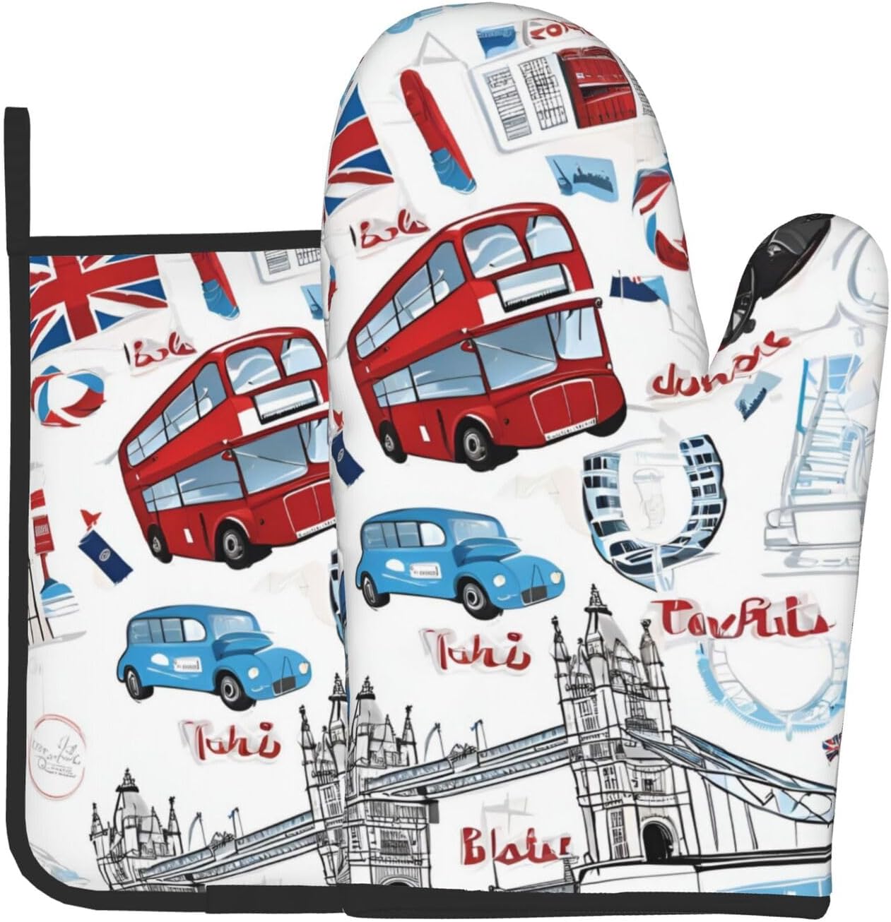 Quopvn London Printed Oven Mitts and Pot Holders 2pcs Set