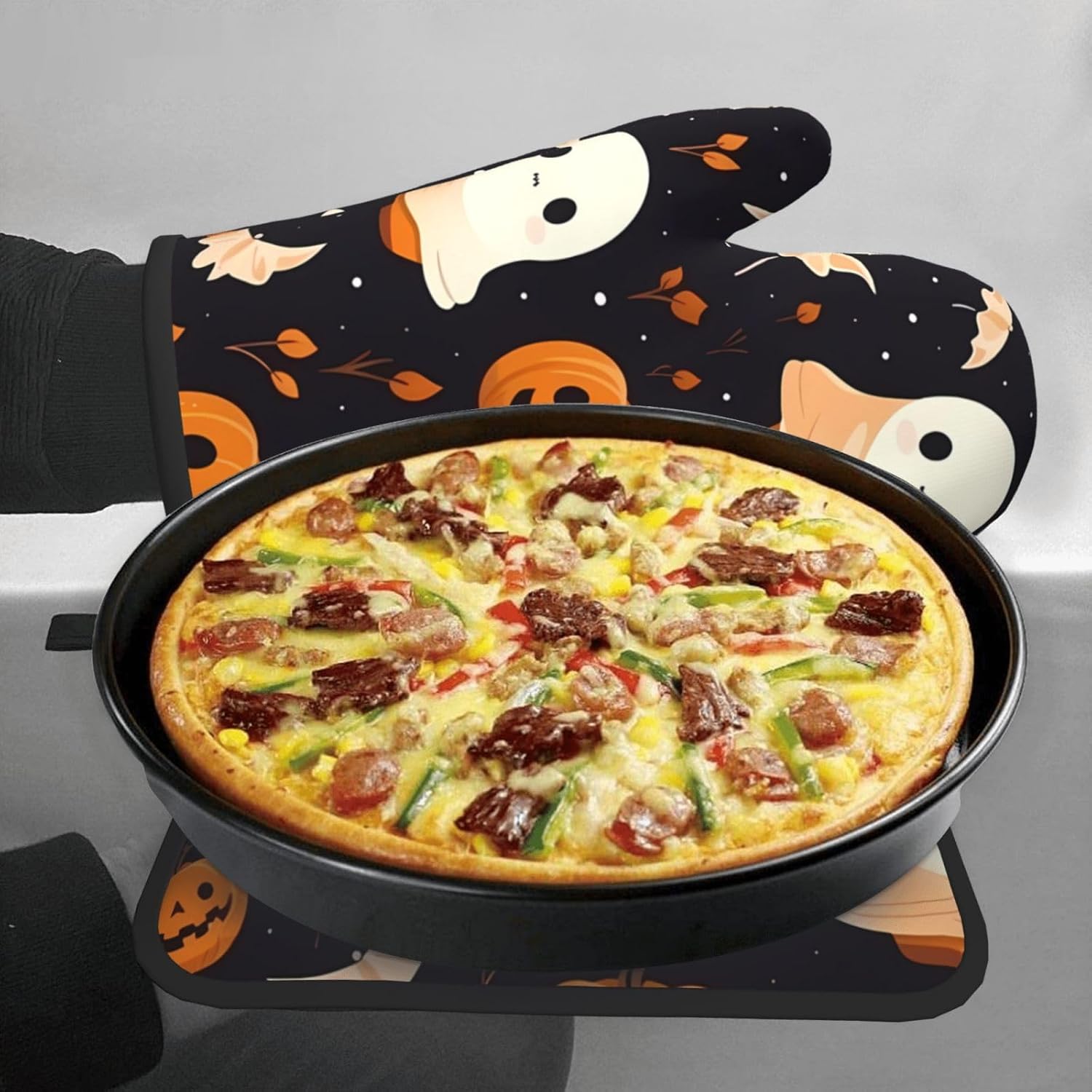 Premium Halloween Oven Mitts and Pot Holders Set for Baking BBQ