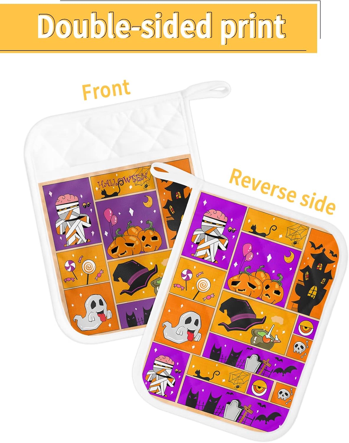 Halloween Pumpkin Purple Orange Potholders Set of 5 with Pocket and Hanging Loop