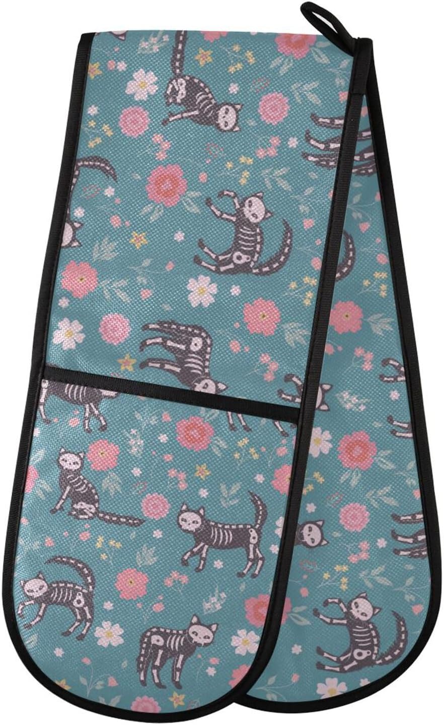 Skeleton Cats Flowers Halloween Double Oven Mitts