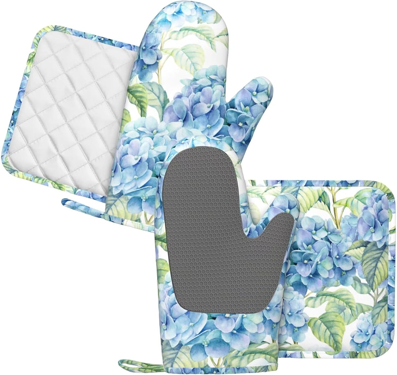 DYCBNESS Blue Hydrangea Silicone Oven Mitts Set 4pcs