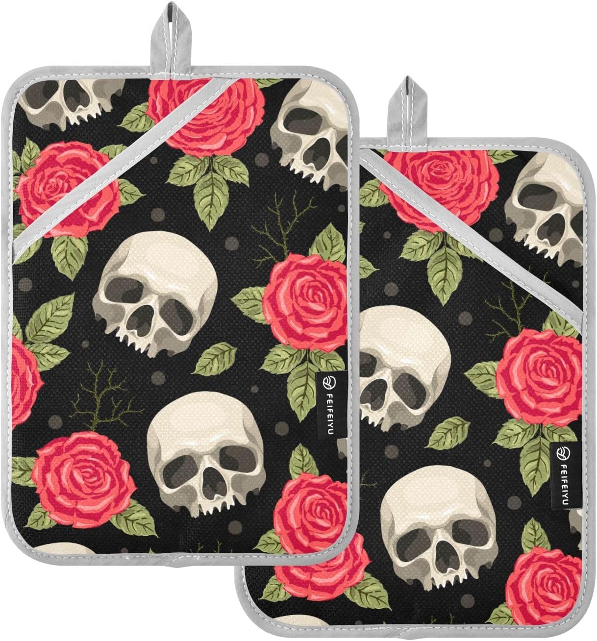 2Pcs Skull Red Roses Potholders with Pockets Non-Slip Mitts Set 1