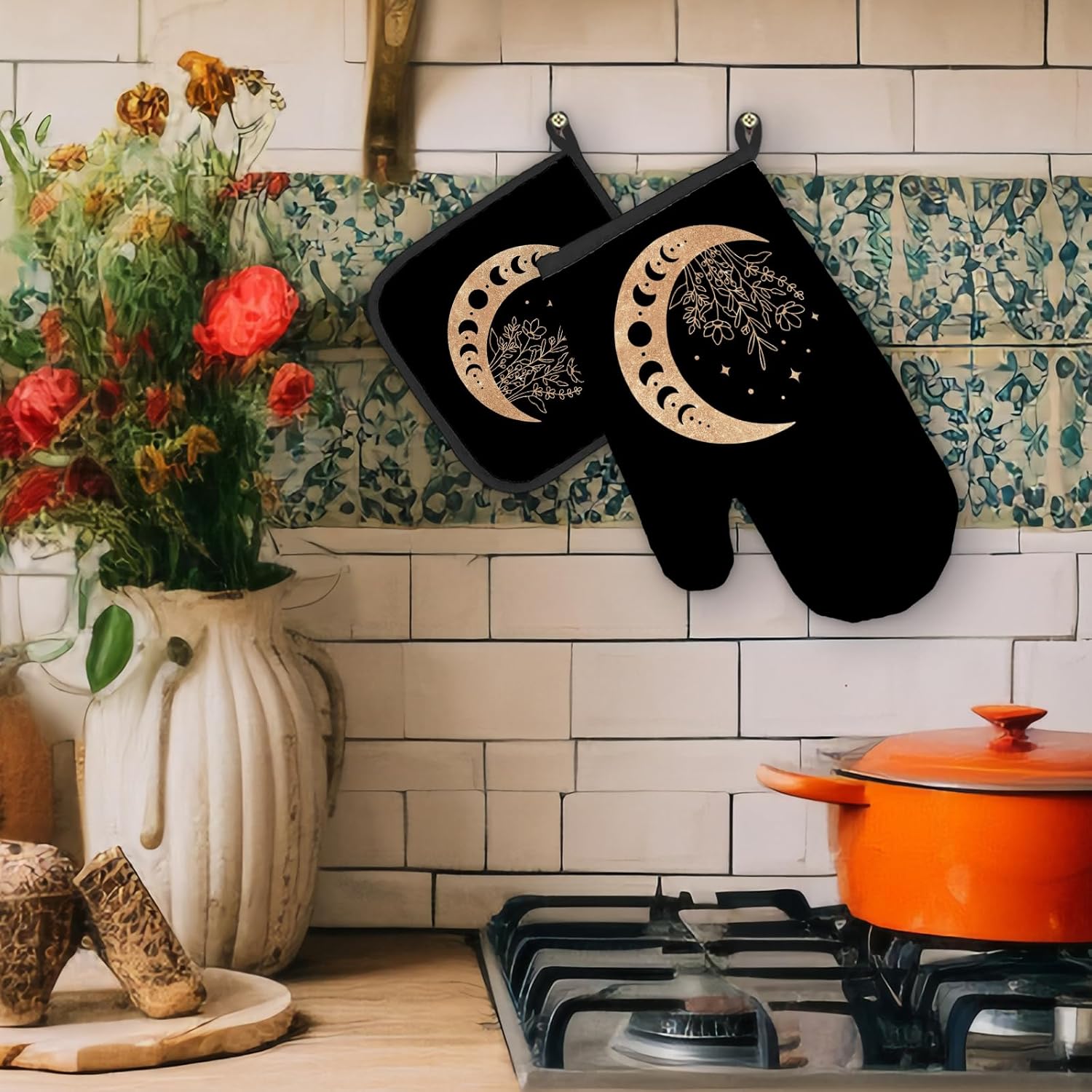 Black Gold Moon Oven Mitts Pot Holders Sets Heat-Resistant Kitchen Accessories
