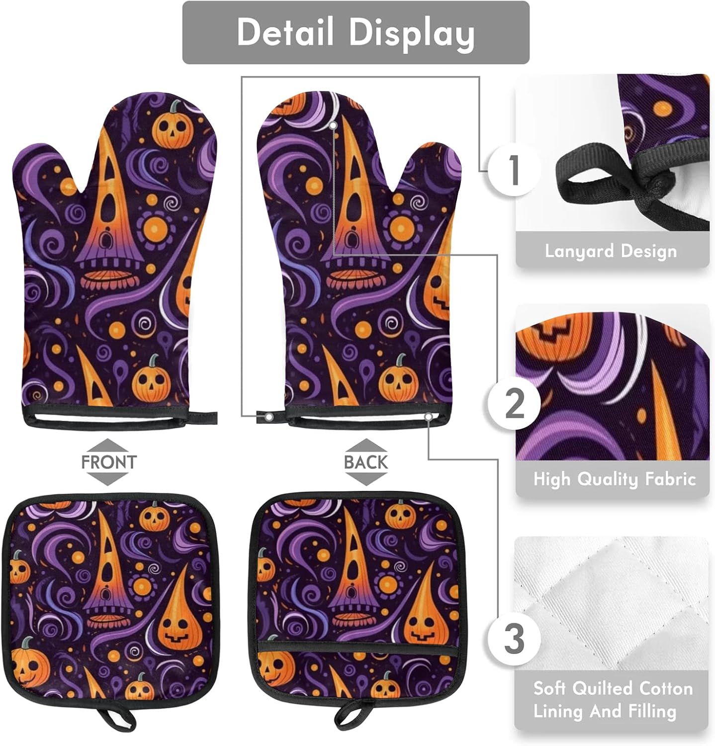Halloween Pattern Oven Mitts Pot Holders Set for Baking BBQ